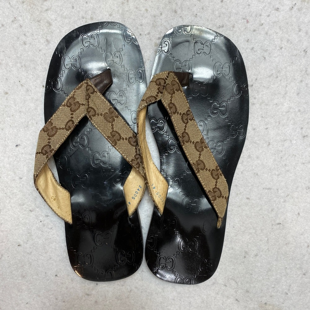 Gucci Sandals Mens 41 Black Brown Iconic GG Monogram Canvas Thong Flip Flop - Picture 4 of 11